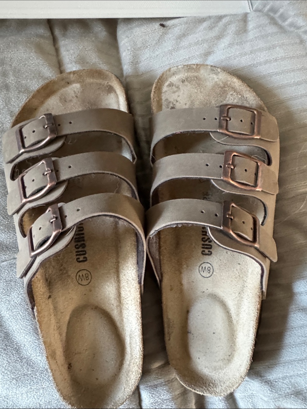 Women's Triple-Strap Taupe Slide Sandals with Adjustable Buckles